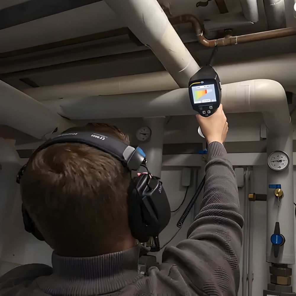 Man calibrating the pipe with Leak Detector on hand