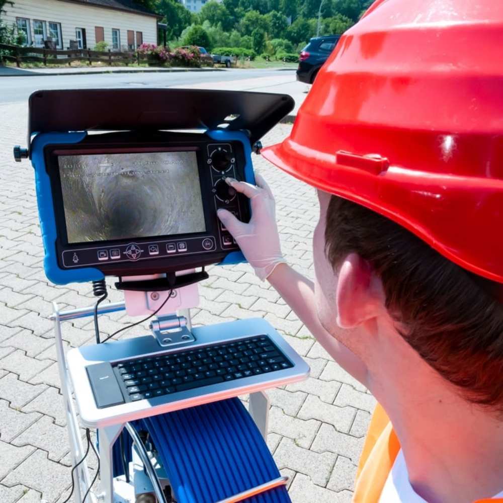 Man using the pipe inspection camera controls