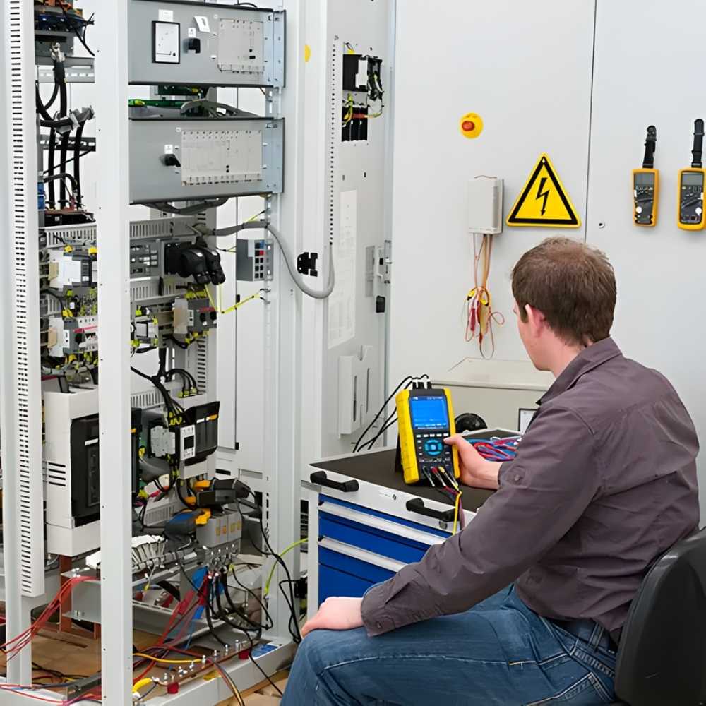 Man calibrating the power with Power-Analysator 