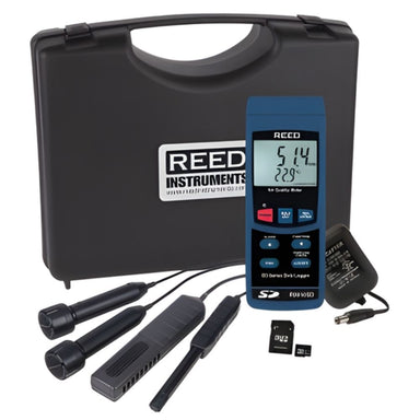 R9910SD-KIT Data Logging Indoor Air Quality Meter With Power Adapter And Sd Card front view white background
