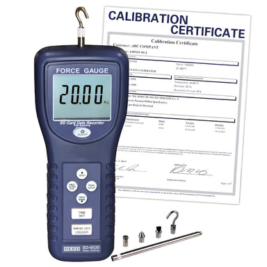 Reed Instruments SD-6020 force gauge with calibration certificate and accessories on a white background