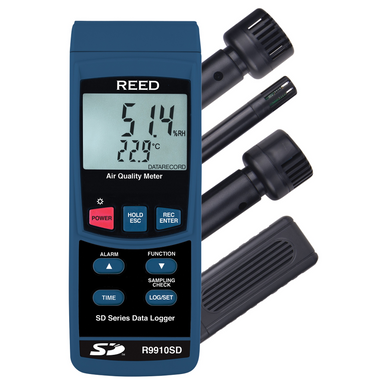 REED air quality meter with digital display and three black nozzles on a white background