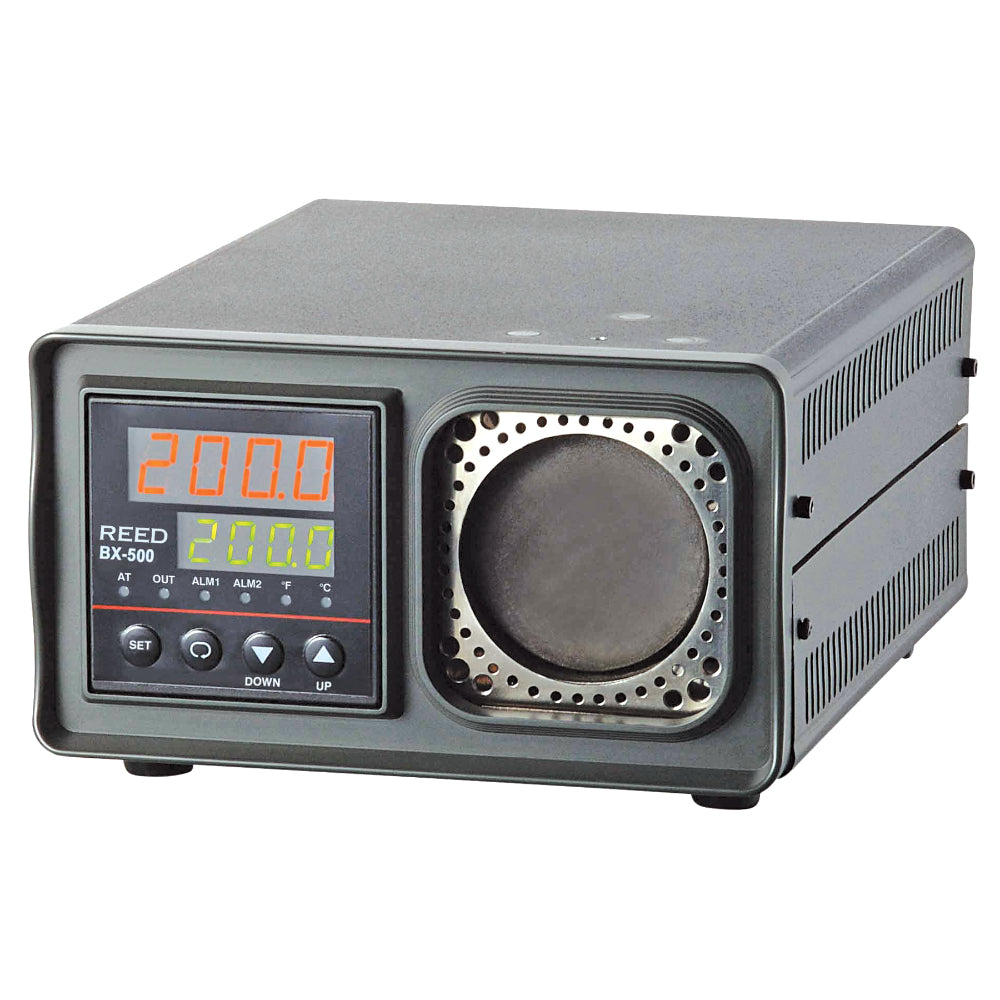 Reed Instruments Infrared gray temperature calibrator with digital display and circular component on a white background