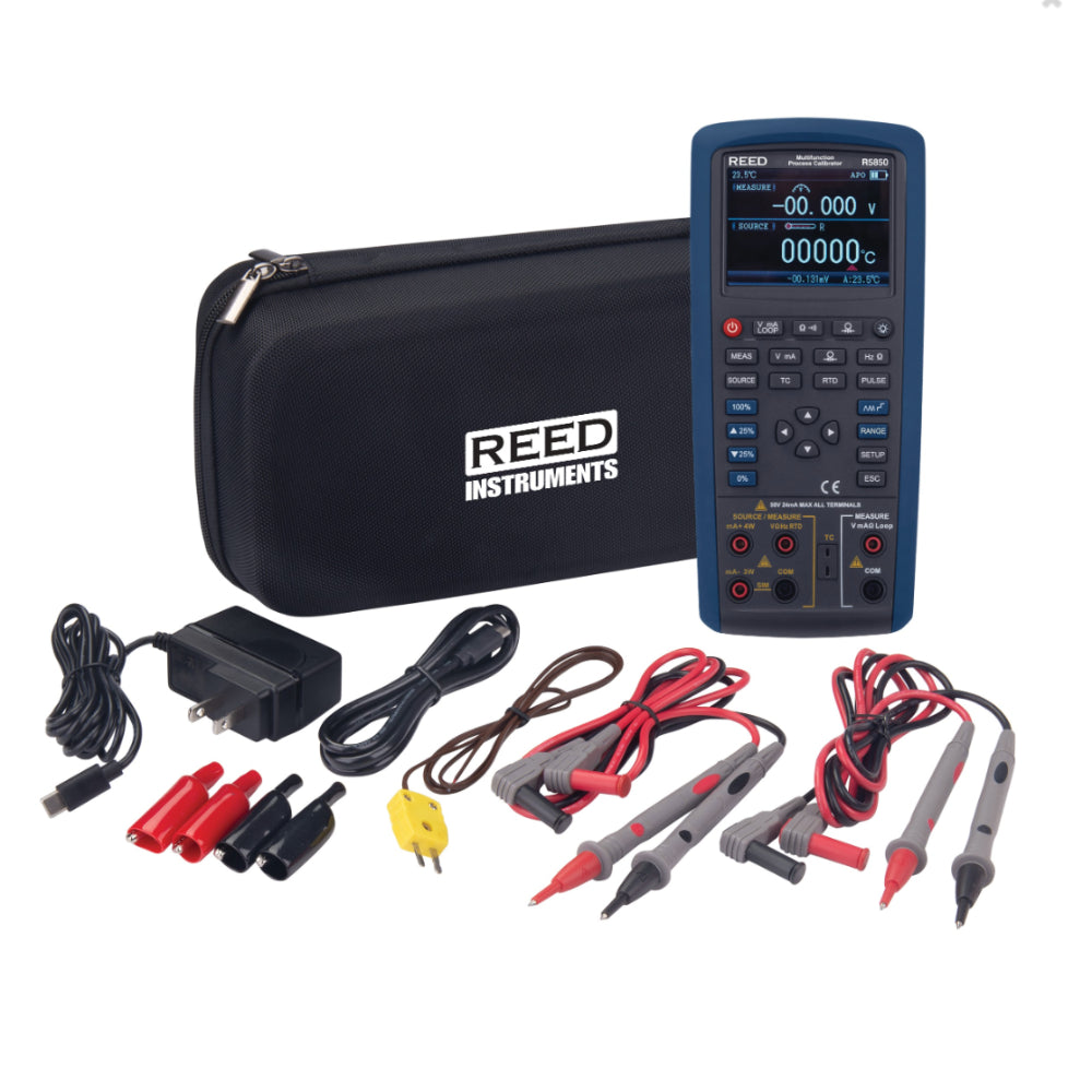 Reed Instruments R5850 multimeter set with carrying case and accessories on a white background
