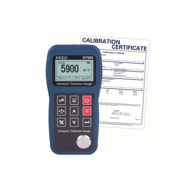 Reed R7900 NIST Ultrasonic Thickness Gauge with Calibration Certificate in white background.