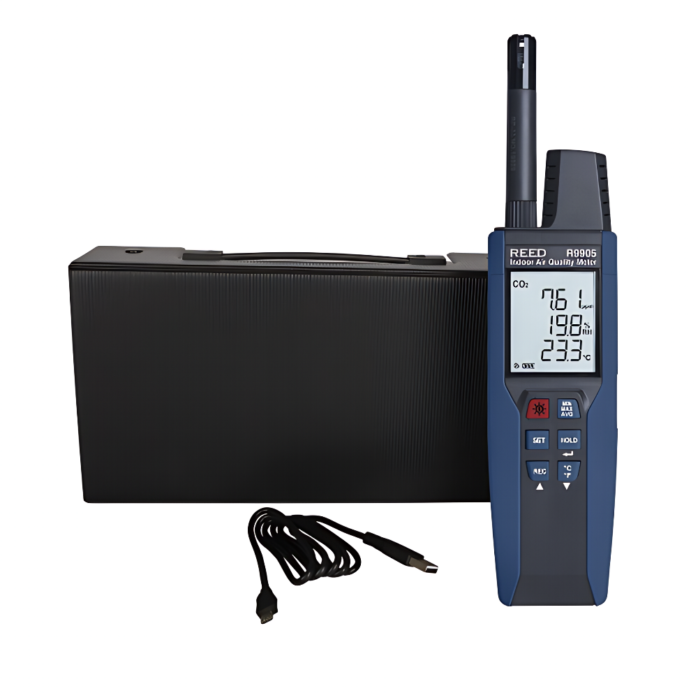 Reed R9905 indoor air quality monitor with digital display on a white background