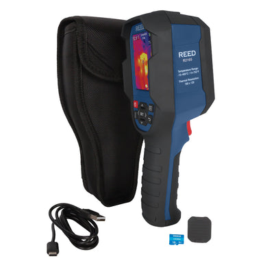 Reed R2165 infrared thermal imaging camera with case and USB cable on a white background