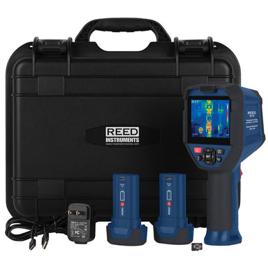 Reed Instruments R2170 thermal imaging camera set with black carrying case, batteries, and charger on a white background
