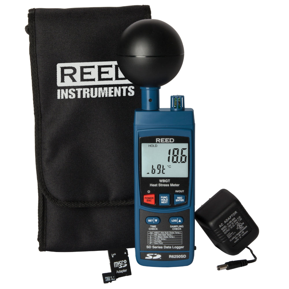 Reed R6250SD data logging heat stress meter with carrying case and power adapter on a white background