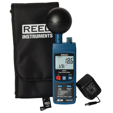 Reed R6250SD data logging heat stress meter with carrying case and power adapter on a white background