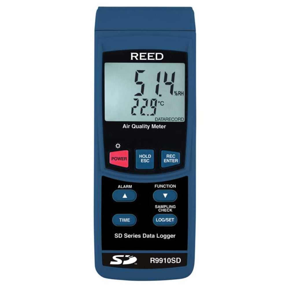 Reed R9910SD air quality meter with digital display on a white background