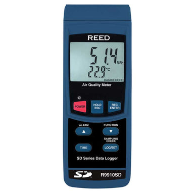 Reed R9910SD air quality meter with digital display on a white background