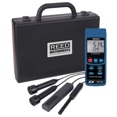 Reed R9910SD air quality meter with accessories and carrying case on a white background.