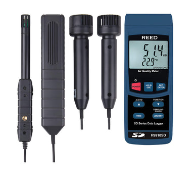 Reed R9910SD air quality meter with sensors on a white background.