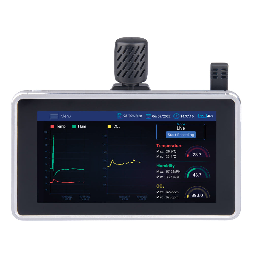Reed R9920 indoor air quality meter with digital display on a white background