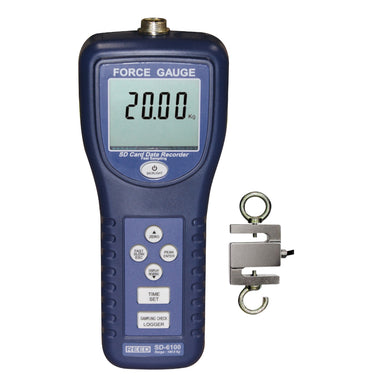 Reed SD6100 force gauge with digital display and hanging weight on a white background