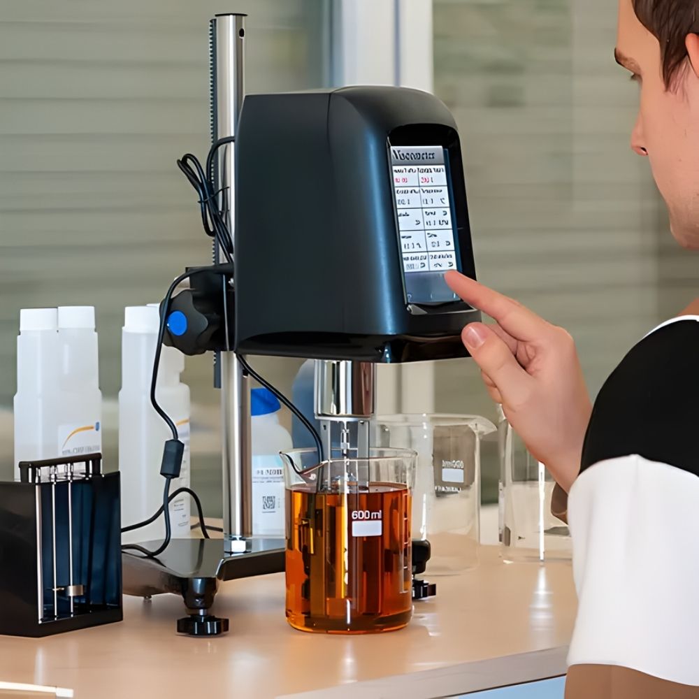 Man calibrating the chemical with Rotary Viscosimeter with Touchscreen