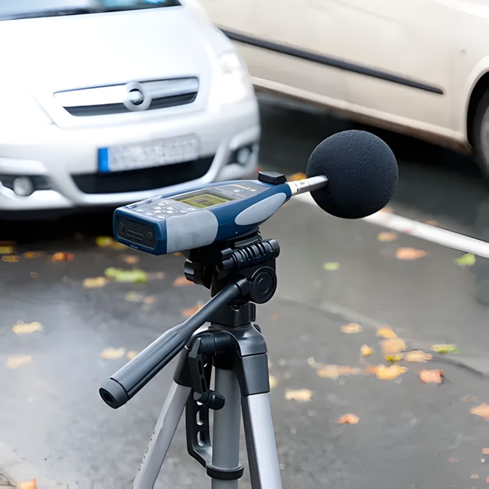 Sound Level Meter second outdoor setting along the road with multiple vechicles on the background