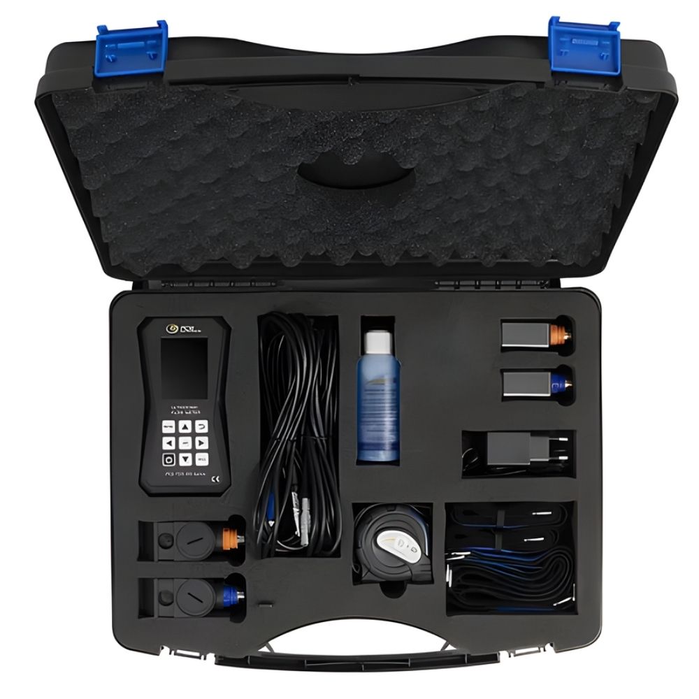 Ultrasonic Flow Meter set in storage bag on white background