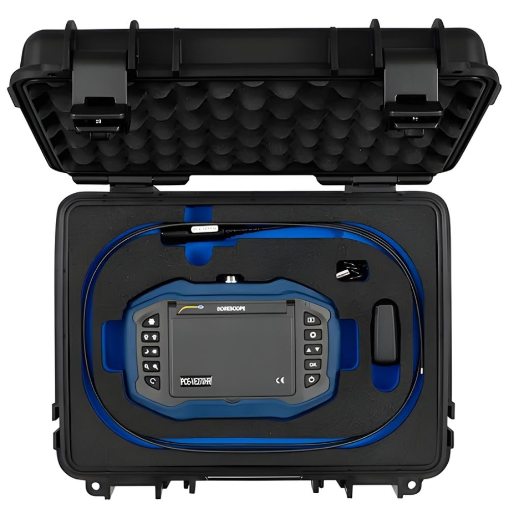 Video Borescope complete set in storage bag top view on white background