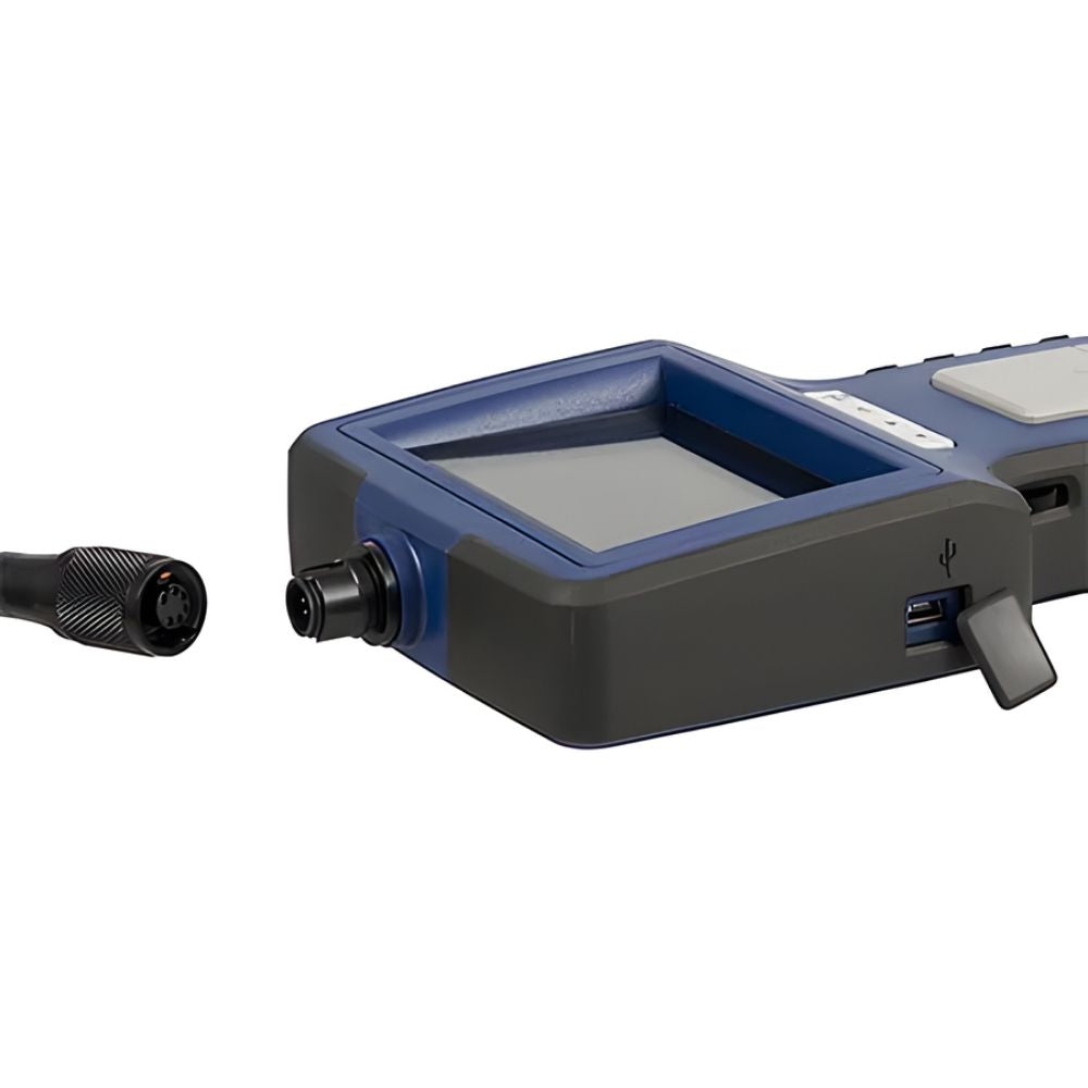 Videoscope showcasing connector and charging port on white background